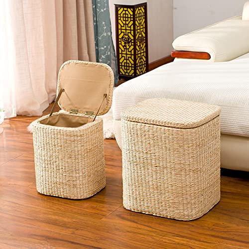 Ottoman-Fußhocker aus Strohstoff, Aufbewahrungshocker für Schlafzimmer und Wohnzimmer, runde/quadratisch, 32 x 27 x 38 cm