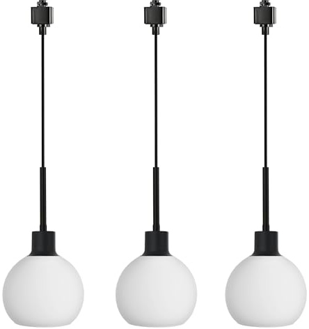 WINSHEN Black H-Type Wire Track Lighting Pendant, Track Pendant Light Fixture Ceiling Mount with Milk White Globe Glass Shade, Tracking Hanging Lights for Kitchen Island Dining Room