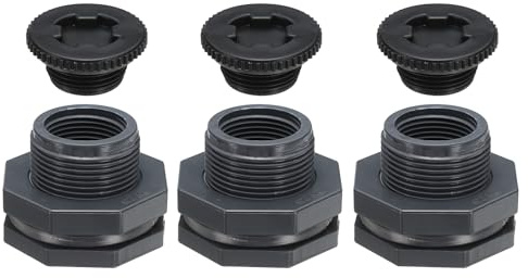 PATIKIL 3 Stück PVC-Bulkhead-Anschluss mit Stecker G 1 für Regeneimer Grau | Doppelt Gewinde Bulkhead-Wasserbehälter-Anschluss mit PVC-Dichtungsdichtung, Spülen Aquarien