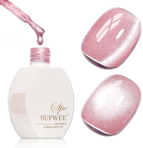 SUPWEE Cat Eye UV Gel Nagellack mit Magnet, 15ml Gel Nail Polish | Kirschblütenrosa Glitter Cat Eye Gel Magnetic Nagellack Holografischer Nail Art Manicure Salon