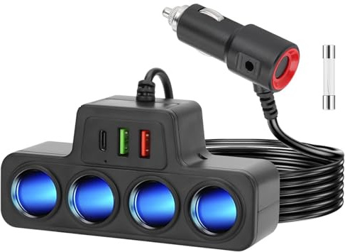 Leehitech 7 in 1 Cigarette Lighter USB Charger, 120W Car Charger Spliter Adapter with 4 Sockets & 3 USB Ports (QC 3.0+USB 3.1+PD 3.1) Quick Charging for 12V/24V Car Devices, Phones, Laptop, iPad