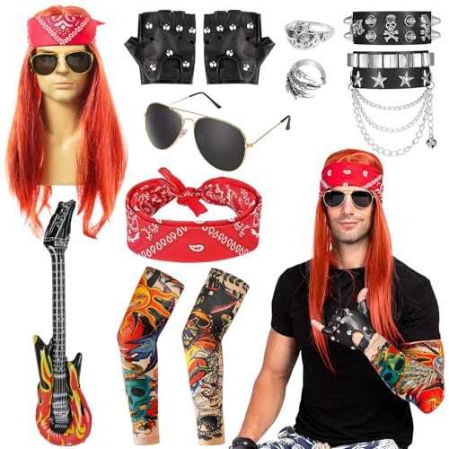Rocker Kostüm Herren, 12 Stück Punk Gotik Rocker Kit 80er 90er Jahre Hip Hop Outfits mit Perück Gläser Tattoo ärmel Luftgitarre Handschuhe Bandanas Armband und Ringe für Männer Frauen Party Cosplay