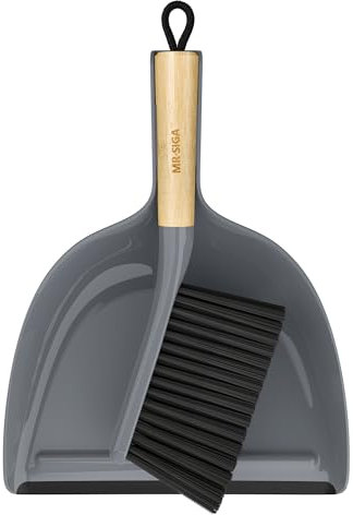 MR.SIGA Set paletta e spazzola, spazzola e paletta portatile per la pulizia con manico in bambù, grigio, 1 set