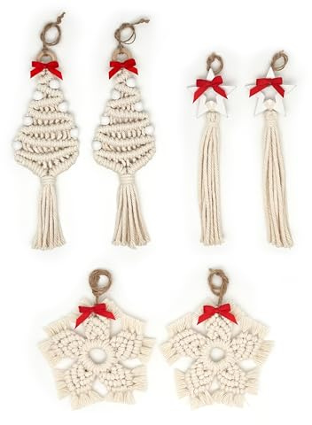 Set 6 pz addobbi Natalizi per la casa o albero - 2 Alberi di Natale palline in legno, 2 Nappe stellina e 2 Stelle - Fiocchetti rossi - Macramè Handmade shabby chic, bianchi rossi