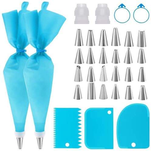 33 Pcs Piping Bags and Nozzles Set, Luoqun88 Piping Bags, Icing Piping Kit, Reusable Icing Bags with 24 Stainless Steel Nozzles, Icing Bags and Nozzles Set with 2 Frosting Bag Ties and Silicone Rings