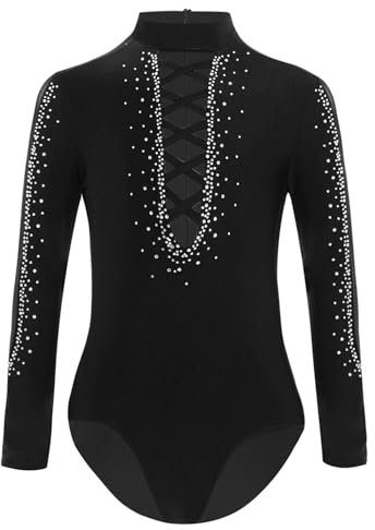 inlzdz Kinder Jungen Gymnastikanzug Langarm Turnbody Tanzbody Eiskunstlauf Anzug Trikot Glitzer Body Tanzkleidung Schwarz 134-140