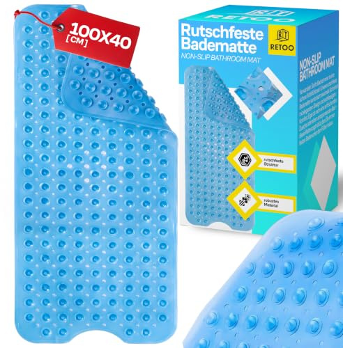Retoo Badewannenmatte 100 x 40 cm, rutschfest, Saugnäpfe, waschbar | PVC, Gummnoppen, für Badewanne, Dusche, Duschwanne, Schwimmbad und Sauna, hautfreundlich, blau