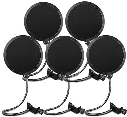 Aibulo 5-Pack Microphone Pop Filter – Dual-Layer Mic Screen with Adjustable Gooseneck & Universal Clamp | Studio Vocal Shield for Podcasting, Streaming & Recording Equipment