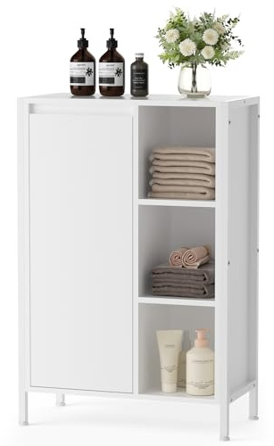 Warmiehomy Bathroom Storage Unit with Laundry Basket 60CM x 30CM x 90CM Bathroom Storage Cabinet with 3 Tiers Storage Unit, White