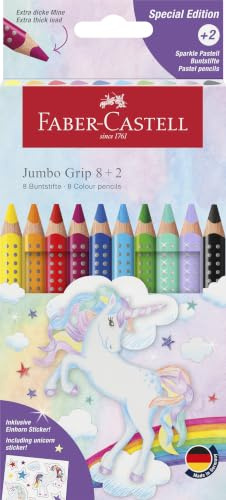 Faber-Castell - Buntstifte Set Jumbo Einhorn 10-teilig im Kartonetui | Wasservermalbare Jumbo Farbstifte für Kinder inkl. 2 Metallic Stiften und Dino Stickern
