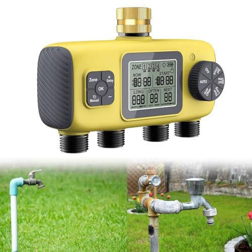 Temporizador de agua para riego, temporizador automático de riego de jardín de 4 vías, sistema de control de riego para rosca BSP de 3/4 pulgadas para un cuidado eficiente de las plantas para césped