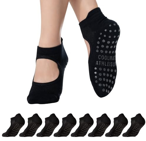 CoolMate Pilates Socks with Grips for Women, Non Slip Yoga Socks (A-01b. 4 Pairs Open Top Black)