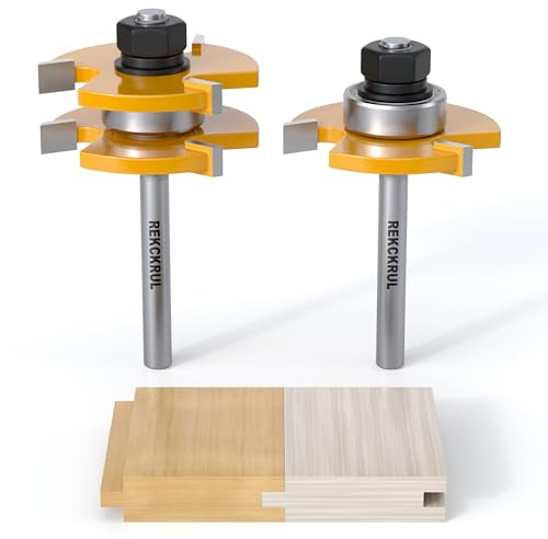REKCKRUL 2 PCS Tongue and Groove Router Bit Set, 1/4 Inch Shank, 3 Teeth Adjustable T-Shape Wood Milling Cutter for Cabinets, Flooring, and Woodworking