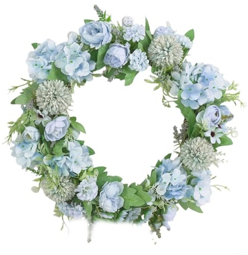 CWOQOCW Couronne d'hortensia de pivoine artificielle rose de 40,6 cm - Décoration de porte d'entrée - Printemps et été - Arrangement floral à suspendre au mur - Décoration d'intérieur (lac d'eau bleue