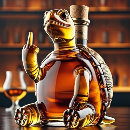 11.8oz / 350ML Decantador Whisky - Arte Estatua, Botella De Whisky De Tortuga De Dedo Medio, Hermosa Jarra De Vino De Vidrio Grabado, Con Vasos(Turtle)
