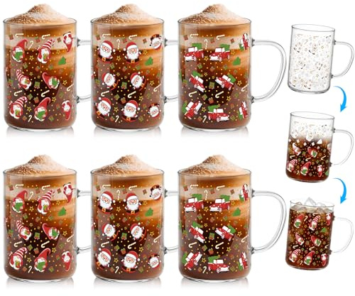Baderke 6 Set Christmas Glass Mugs Gifts - 16oz Color Changing, Winter Xmas Coffee Mugs with Handle, Christmas Gifts for Coworker, Santa Claus Gnome Holiday Iced Coffee Cups for Women Team Teacher