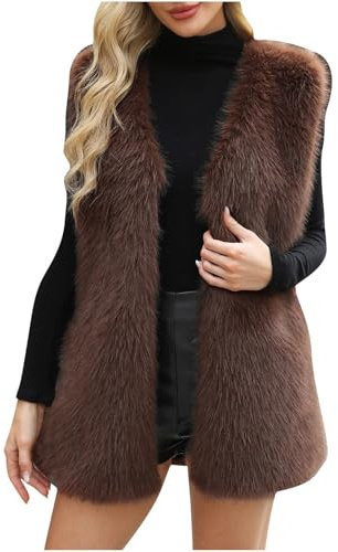 Forandiu Veste en Fausse Fourrure pour Femmes avec Veste à Devant Ouvert Shaggy Sans Manches, Veste en Fausse Fourrure Douce et Peluche, Veste d’Hiver Chaude de Mode, Café, XX-Large