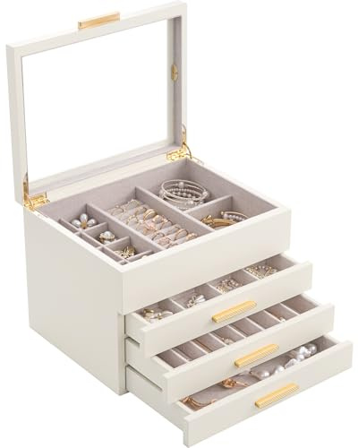 Lolalet Portagioie Donna Grande in Legno a 4 Livelli con Finestra Trasparente - Scatola di Gioielli con Rivestimento in Lino per Collane, Braccialetti, Anelli e Orecchini - Beige