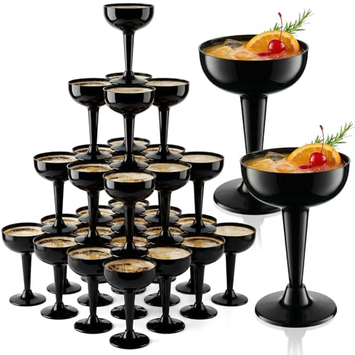 Domensi 40 Pcs Plastic Black Champagne Coupe Glasses Bulk, 5 oz, Disposable | Disposable Champagne Flutes Plastic Wine Glasses Wedding Cocktail Cup ,Wine Cups for Cocktails Weddings Birthdays