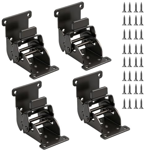4 Pack Black Heavy Duty Self-Locking Folding Hinges with Screws | Steel Foldable Locking Brackets for Bed Legs, Table Feet, Furniture Extension with Screws Included