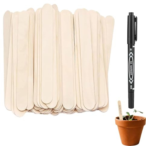 Weilin 100Pcs Plant Labels for Outdoor Plants, Wooden Plant Labels and Pen for Outdoor Plants, Label Wood and Pen for Herb Vegetable Flowers（15x1.8cm）