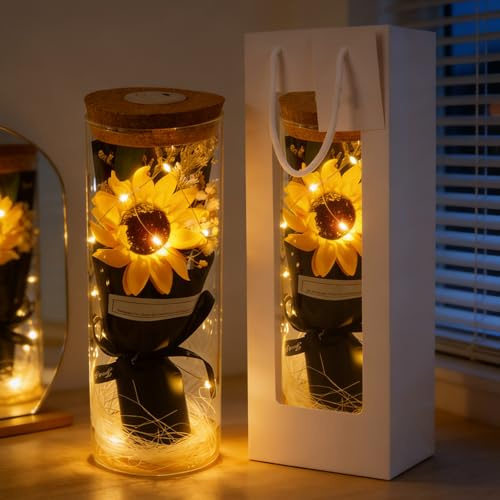 AWSOLAR Sunflower Light Glass Flowers, Forever Sunflower with Light Up Flower in Glass Dome Gifts for Mother Day Anniversary Valentine Day