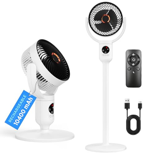 Lepwings Standventilator Leise mit Fernbedienung, 2-in-1 Akkuventilator 10400 mAh, USB-C wiederaufladbar, 90° Oszillation & 120° Neigung, Tisch- und Standventilator für Schlafzimmer, Büro & Camping