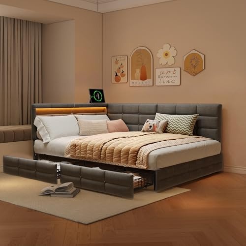Polsterbett Doppelbett Tagesbett 140x190 mit 2 Stauraum Schubladen,Sofabett Jugendbett mit USB,Stauraumbett,Funktionsbett mit Lamellenboden,Kinderbett LED-Kopfteil,Ohne Matratze (Grau, 140x190)