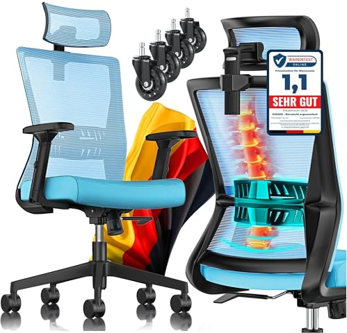 KESSER® Bürostuhl Ergonomisch mit verstellbaren Armlehnen | Drehstuhl mit Lendenwirbelstütze Rückenschonend | Schreibtischstuhl mit Kopfstütze | Office Chair Wippfunktion bis 125° mit 5X Gummirollen