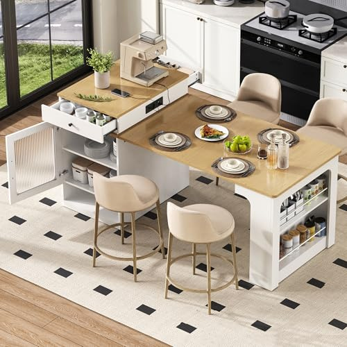 QXJVA Ausziehtisch 80x151cm, Mobile Kücheninsel für 4 Personen, Bartisch mit versteckten Rollen, Sideboard in Holzoptik für Küche und Esszimmer, Weiß Natur