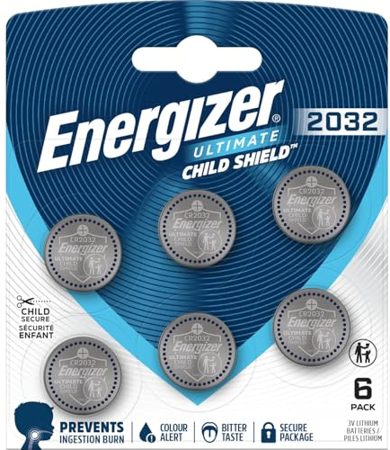 Energizer Ultimate Child Shield CR2032 Batteries (6 Pack) - 3V Coin Cell – World's Only Ingestion Burn Protection Coin Lithium Battery - including Colour Alert Technology - 12 Year Storage