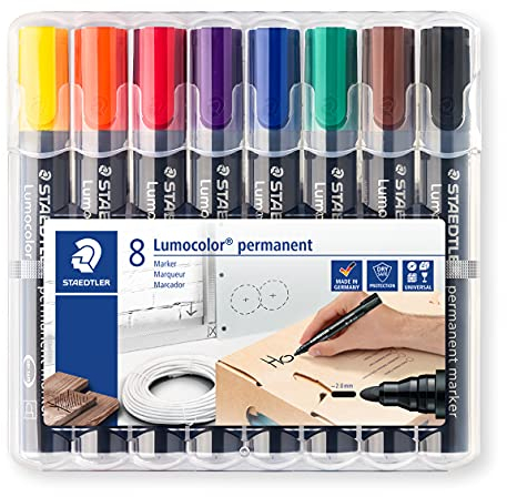 STAEDTLER permanent Marker Lumocolor, wisch- und wasserfest, blockierte Rundspitze, Linienbreite 2mm, sekundenschnell trocken, nachfüllbar, 8 Marker in sortierten Farben, 352 WP8
