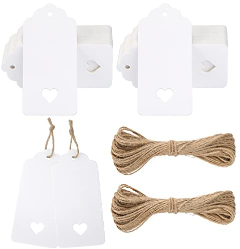G2PLUS White Gift Tags with Heart, 100PCS Blank Paper Tags with String, 4.5cm x 9.5cm Large Gift Labels for Wedding Favors, Presents, 300g/m²
