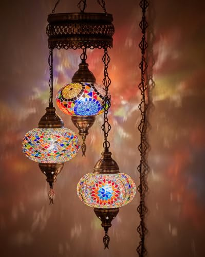 DEMMEX Plug-in Turkish Hanging Lamp, Handmade Moroccan Mosaic Chandelier Pendant Light Fixture with 15-ft Cord & Chain, Decorative Ceiling Lamp for Living Room, Bedroom, 3 Large 7'' Globes, 3.5 ft.