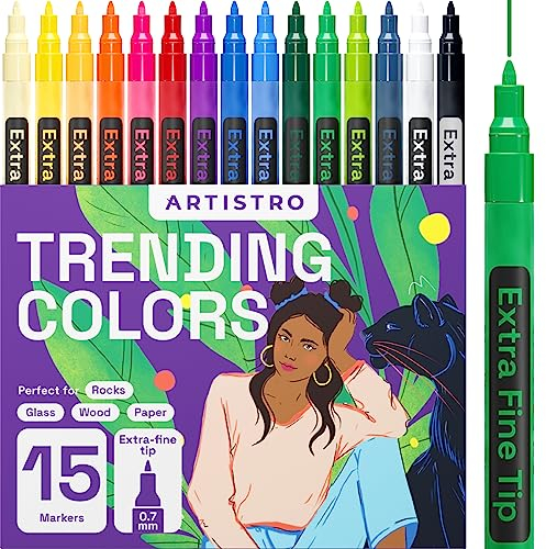 Artistro 15 Acryl Stifte Hohe Qualität. Zeichenset zum Bemalen von Steinen, Felsen, Keramik, Glas, Holz, Metall, Stoff, Leinwand, Kieselsteine Extra-Feine Spitze 0,7mm