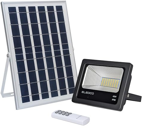 ELEDCO Foco Solar Led 40W, Panel Solar, Batería, Regulable Mando a Distancia, Luz Exterior Autonomía 8-15 Horas, Luz Neutra 4000K