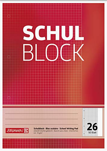 Brunnen 1052526 Schulblock/Notizblock (A4, 50 Blatt, kariert, mit Rand, Lineatur 26, gelocht, kopfverleimt, 70 g/m²)