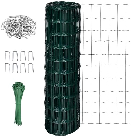 Garden Mile Green PVC Coated Wire Mesh Fencing Roll 10m x 0.9m - 10x5cm Rectangular Mesh Chicken Wire Garden Fence for Plant Protection Includes 100 Cable Ties & U Nails Heavy Duty Stock Fencing