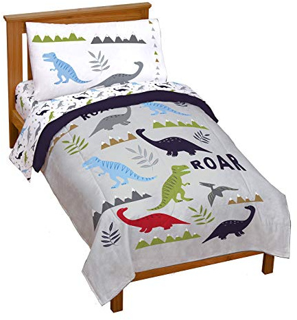 Jay Franco Trend Collector Dinosaur Roar 4 Piece Toddler Bed Set - Includes Comforter & Sheet Set - Super Soft Fade Resistant Microfiber Bedding