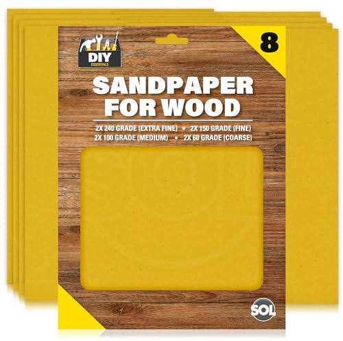 SOL 8pk Sandpaper for Wood – Assorted Sheets Extra Fine, Fine, Medium & Coarse – Sand Paper for Furniture Refinishing, Woodworking Projects, DIY Home Improvement & Smooth Surface Finishing