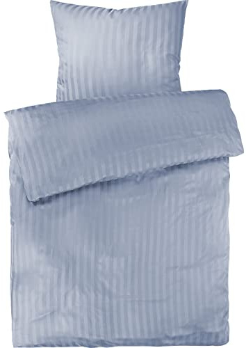 Pure Label Mako Satin Damast Streifen Bettwäsche hellblau 155x220 cm mit Kissenbezug 80x80 cm aus 100% Baumwolle | Traumhaft weiches Mako Satin Bettwäsche Set in Uni