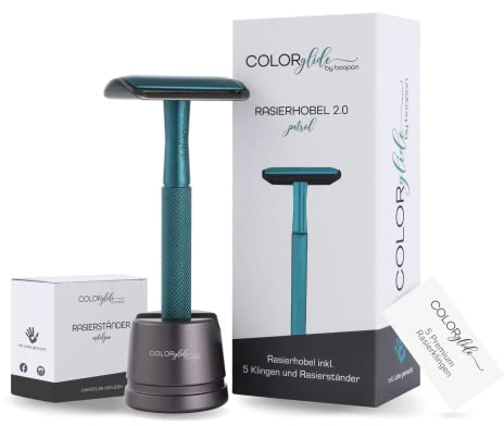 COLORglide® Rasierhobel Damen inkl. Rasierhobel Ständer & 5 Klingen | Rasierhobel Frauen Zero Waste | Safety Razor Rasierhobel Set | Rasierer Frauen geschlossener Kamm | boopan Damen Rasierer (Petrol)