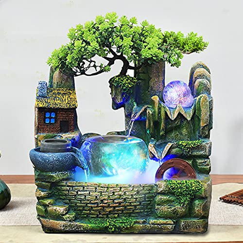 RibasuBB zimmerbrunnen, Zimmerbrunnen mit Beleuchtung, Steingarten Desktop Brunnen Ornament Feng Shui Wasserfall Steingarten Zerstäuber Lampe Kit