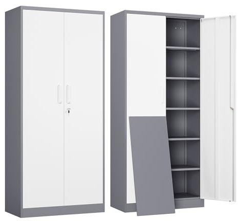 Yizosh Metall-Garagenschrank mit 2 Türen und 4 verstellbaren Regalen, abschließbarer Aktenschrank, 180 cm, Werkzeugschränke für Büro, Zuhause, Garage, Fitnessstudio, Schule (grauweiß)