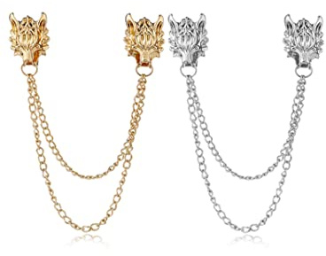 Krawattennadeln für Herren, Ausverkaufsartikel unter 5 Dollar, Wolfskopf, Krawatte, Totenkopf-Kragen, Krawattennadeln, Gold/Silber, Krawattenketten für Herren, Business-Zubehör, 2 Stück, Metall, Autre