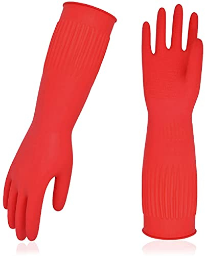 Vgo... 3Paires gants de nettoyage ménagers, gants lave - vaisselle en caoutchouc, extra épais, manches longues (RB2143,Rouge,7/S,3Paires)