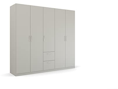 Rauch Möbel Quadra-Spin Pure, Kleiderschrank, Seidengrau, Breite 226 cm | Schrank im minimalistischen Stil, 5-türig, 2 Schubladen, für Schlafzimmer, Jugendzimmer, Garderobe, Flur