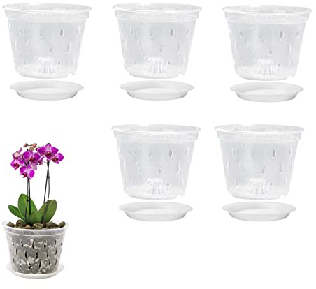 Pomurom Plásticos para Plantas, 14cm Macetas para Orquídeas Transparentes con Agujeros y Platillos, Jardinera Plasticos para Plantar Flores Orquídeas Violetas para Jardín Balcón Interior Exterior