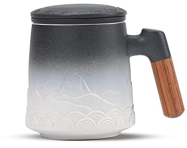 ZENS Tea Mug With Infuser and Lid, 500ML Embossed Ceramic Loose Leaf Cup With Fine Strainers for Diffusers, Wood Handle Infuser Mug for Steeper, Accessories for Women, Gifts for Tea Lovers