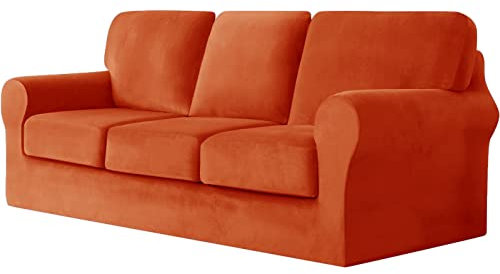 UNBBRRL 7-Piece Stretch Velvet Sofa Couch Covers, 3 Seater Couch Slipcover With Separate Backrests And Cushions Covers With Elastic Band Anti-Slip Furniture Protector For Home Hotel (Orange)